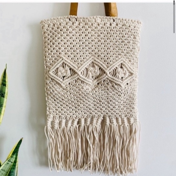 NEW Boho Chic Macrame Woven Shoulder Fringe Shopper Tote Bag - Picture 2 of 16